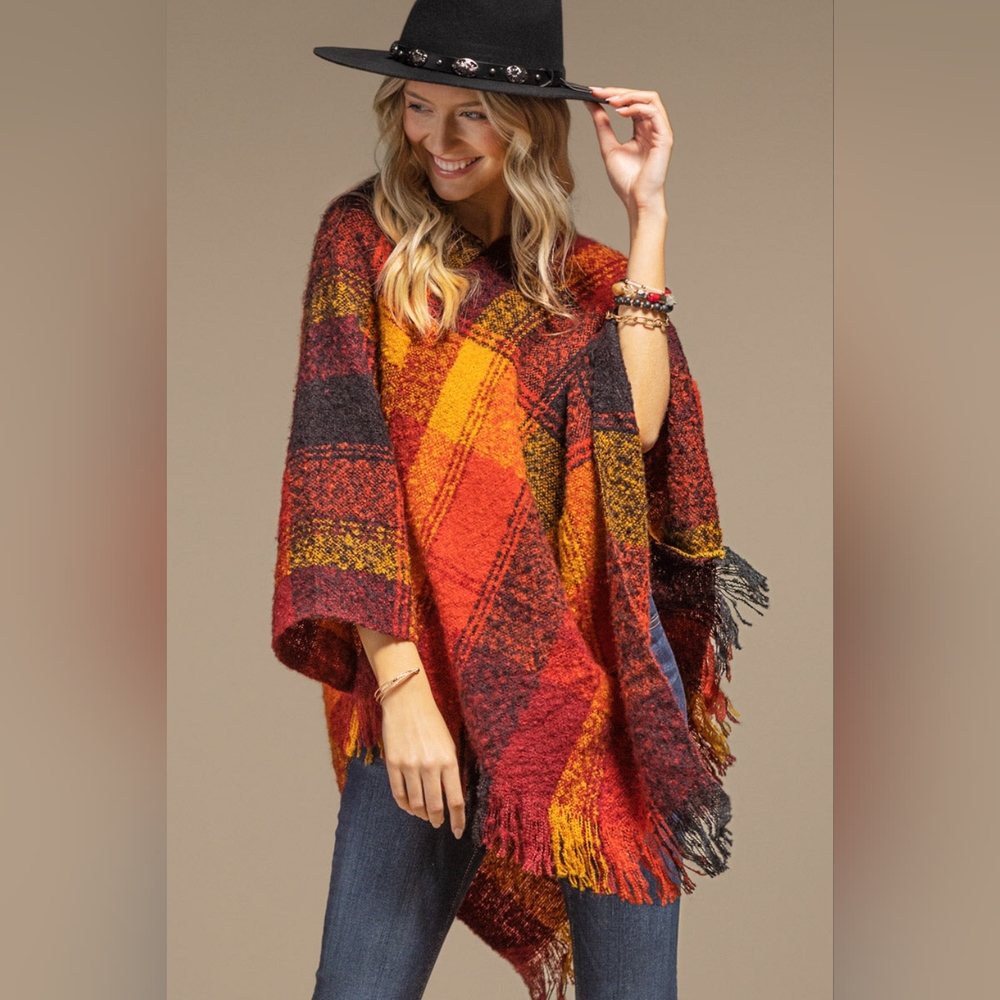 Poncho Plaid Pumpkin Spice - Boucle Yarn Dyed - Great Fall Colors - Soft & Warm